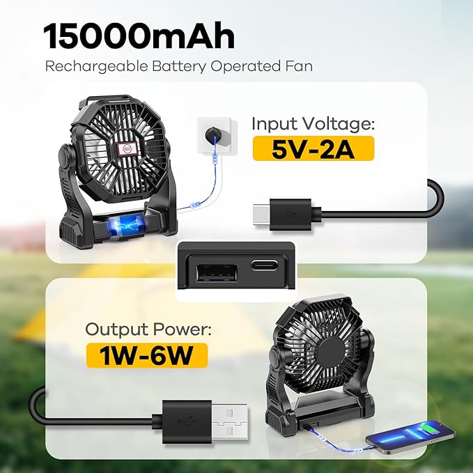 15000mAh Portable Battery Powered Camping Fan - with LED Light, Quiet Battery Operated, Camping Gear for Travel, Tent, Beach, Car or Hurricane Power Outages，Black