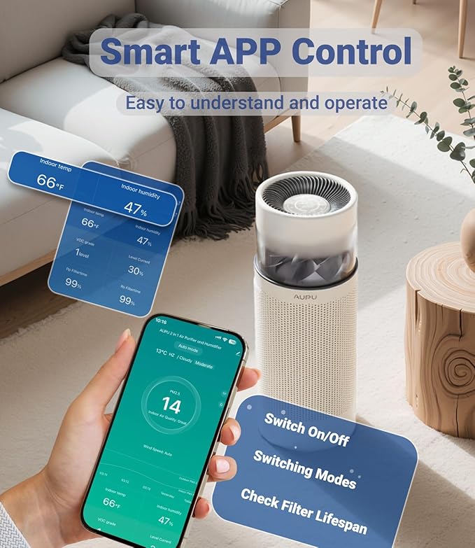 2 in 1 Air Purifier with Humidifier,Air Purifiers for Home Large Room,Humidifier and Air Purifier in one HEPA Purifier for Home Pets Remove Pet Odor Smoke Pollen Dust for Bedroom,Living Room,Office