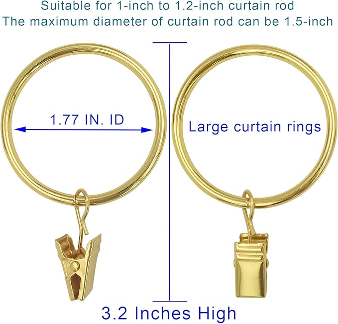 20 Pack Gold Curtain Rings with Clips, Curtain Hooks Hangers Clip Rings for Hanging Drapes Bows Hat, Drapery Rings 1.77 in I D, Fits up to 1.5 in Diameter Curtain Rod.