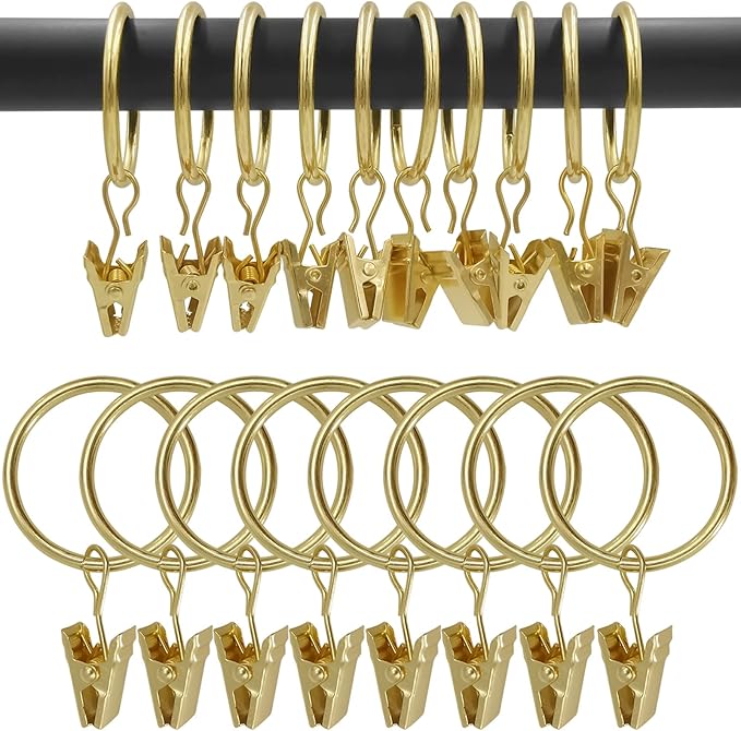 100 Pack Gold Curtain Rings with Clips, Curtain Hooks Hangers Clip Rings for Hanging Drapes Bows Hat, Drapery Rings 1.26 in I D, Fits up to 1 in Diameter Curtain Rod.