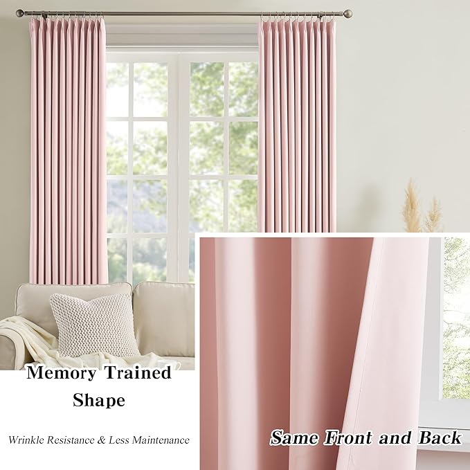 KEQIAOSUOCAI Pinch Pleated Pink Blackout Curtains Short 2 Panels Set 45 Inch Length for Small Windows, Sound & Light Reducing Room Darkening Drape for Bathroom Bedroom(Baby Pink, 2 Panels, W40 x L45)