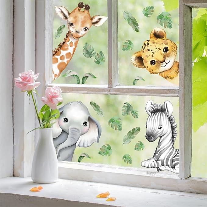 22.44 x 21.25 Inch Watercolor Jungle Animal Window Clings Tiger Lion Elephant Zebra Window Stickers Double-Side Safari Animal Window Stickers for Baby Nursery Playroom Bedroom Window Glass Wall Decor