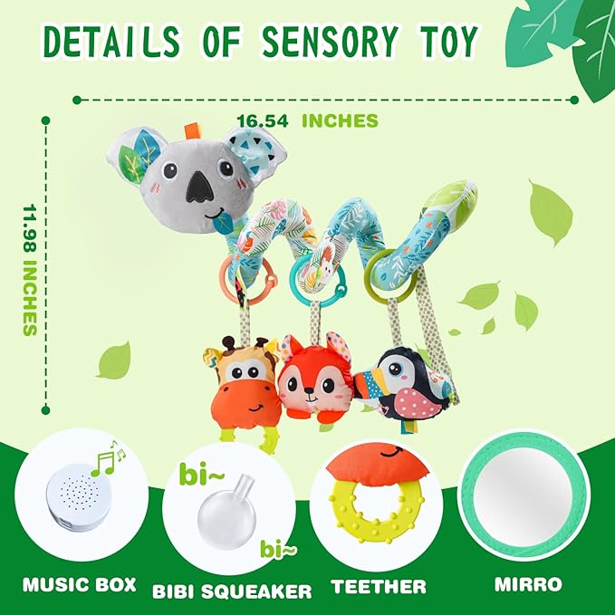 Jollybaby Crib Stroller Car Seat Toys for Baby 0-3-6-9-12 Months, Tummy Time Hanging Sensory Toys for Newborn with Music Box and Teether, Spiral Carseat Toy for Infant Boys Girls Gifts (Grey)
