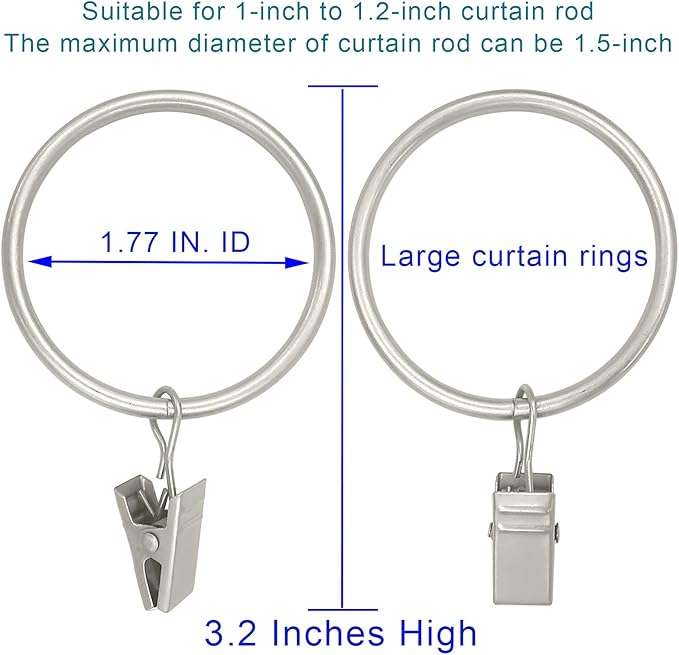 20 Pack Matte Silver Curtain Rings with Clips, Curtain Hooks Hangers Clip Rings for Hanging Drapes Bows Hat, Drapery Rings 1.77 in I D, Fits up to 1.5 in Diameter Curtain Rod.