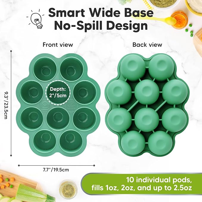 KeaBabies Silicone Food Freezer Trays with Lid, 2oz x 10 Pods Baby Food Storage Containers, Easy Puree Meal Prep, Breast Milk Silicone Freezer Molds, Dishwasher,Microwave Safe,BPA-Free(Alpine Green)