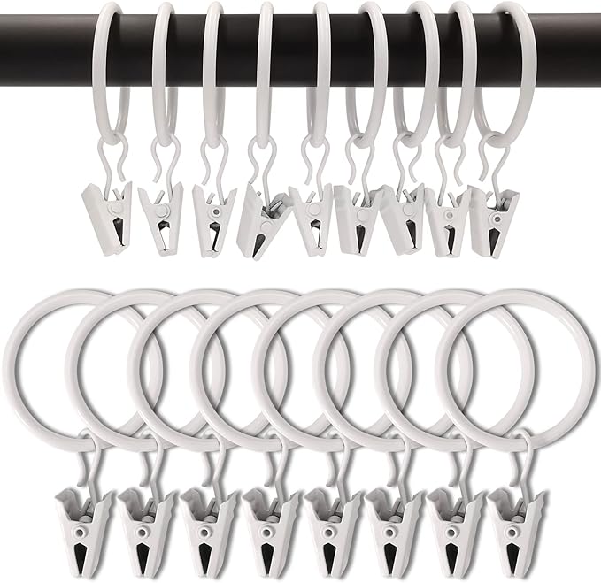 100 Pack White Curtain Rings with Clips, Curtain Hooks Hangers Clip Rings for Hanging Drapes Bows Hat, Drapery Rings 1.26 in I D, Fits up to 1 in Diameter Curtain Rod.