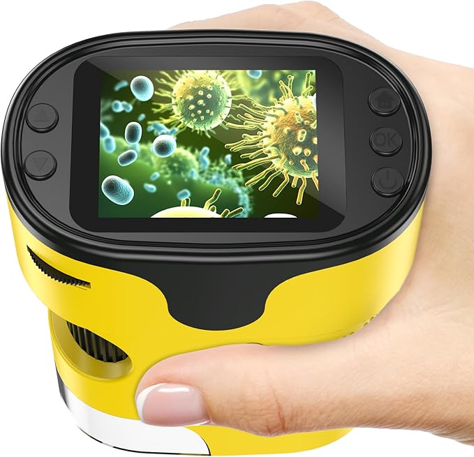 1000X Handheld Microscope for Kids 4K 2.0" Screen Rechargeable Mini Pocket Digital Microscopes w/Slides Kit Portable Edu Gift Age 4-6 8-12 Children Students (Yellow)