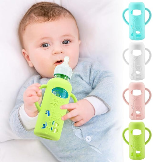 4 Pack Silicone Sleeves for Dr. Brown's Glass Baby Bottles, Anti Breakage Durable Baby Bottle Holder with Easy Grip Handles, Narrow Sleeve with a Cutout, Dishwasher/Freezer/Microwave Safe, 8 oz