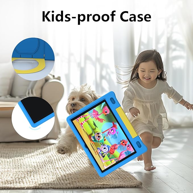 JREN Kids Table 10.1" ｜Android 14 Tablet for Kids｜64GB Storage｜Octa-Core｜WiFi ｜Cameras｜Parental Control｜Kids Content｜Case Included Great Gift for Children Ages 3-12 Years Old Blue