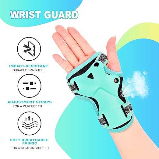 2PM SPORTS Knee Pads for Kids, Wrist Guards Knee and Elbow Pads Set with Drawstring Bag, Protective Gear Set for Girls Boys Roller Skating Cycling Skateboard - Mint Small