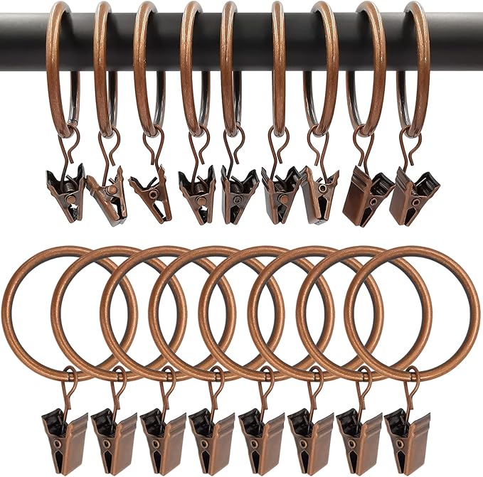 100 Pack Antique Copper Curtain Rings with Clips, Curtain Hooks Hangers Clip Rings for Hanging Drapes Bows Hat, Drapery Rings 1.5 in I D, Fits up to 1.2 in Diameter Curtain Rod.