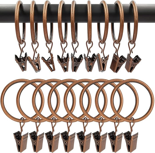 100 Pack Antique Copper Curtain Rings with Clips, Curtain Hooks Hangers Clip Rings for Hanging Drapes Bows Hat, Drapery Rings 1.5 in I D, Fits up to 1.2 in Diameter Curtain Rod.