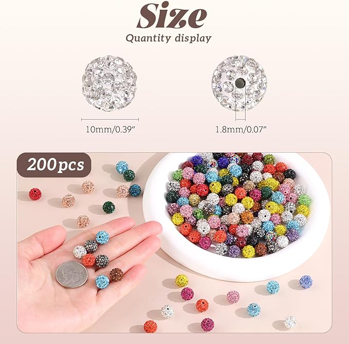 200pcs 10mm Rhinestone Beads for Jewelry Making, Dark Red Shiny Round Disco Ball Beads Bulk, Sparkle Crystal Clay Christmas for Bracelet Baseball Necklace Earring Crafting and DIY