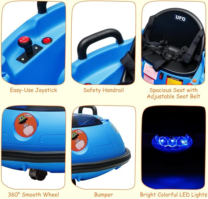 12V Electric Ride on Bumper Car for Toddlers, Kids Bumper Car with Remote Control, LED Lights & 360 Degree Spin, Indoor and Outdoor for 18+ Months Kids (Blue)