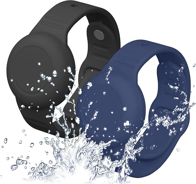 2 Pack Waterproof Airtag Wristband Kids - Anti-Lost Silicone Airtag Holder Cases for Toddler - GPS Tracker Watch Band (Black+Blue)