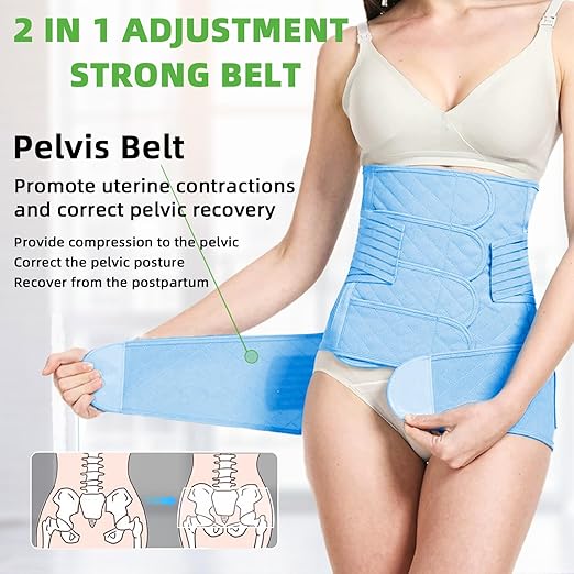 2 in 1 Postpartum Belly Band Wrap Blue, C-Section Support Belt Medium, Post Partum Support Recovery Waist/Pelvis Belt, Hysterectomy Belly Band Binder Girdle Stomach