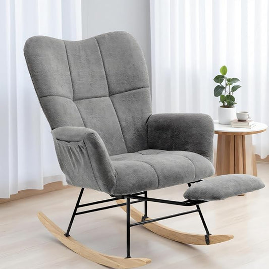 KEEZY Rocking Chair Nursery,Upholstered Glider Chair Padded Seat with High Backrest,Reading Chair,Armchair Comfy Side Chair for Living Room Bedroom Offices (Gray)