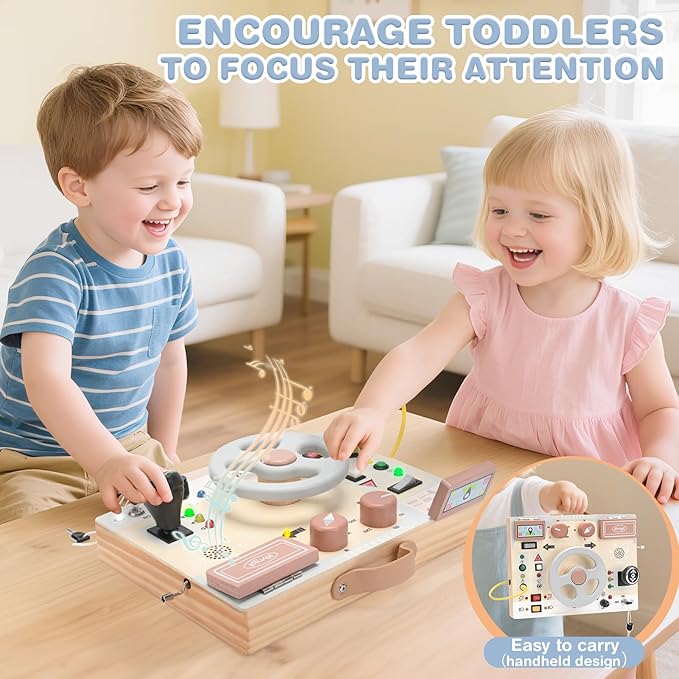 Joyreal Montessori Toddler Busy Board - Montessori Toys for 1 2 3 Years Old, Wooden Sensory Board with LED Lights, Steering Wheel, Music Player, Travel Toys for 1+ Year Old Boy & Girl Birthday Gift