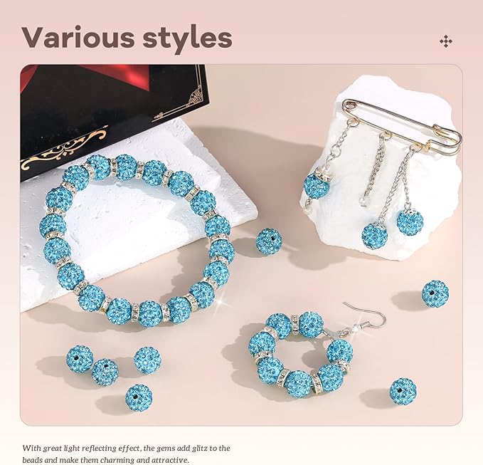 200pcs 10mm Rhinestone Beads for Jewelry Making, Aquamarine Shiny Round Disco Ball Beads Bulk, Sparkle Crystal Clay Christmas for Bracelet Baseball Necklace Earring Crafting and DIY