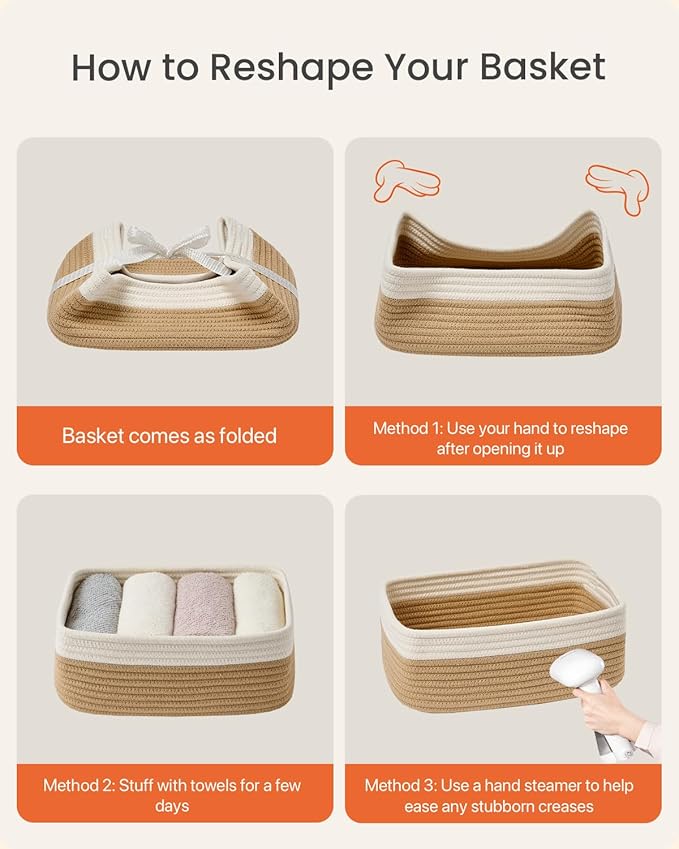 KALLAX Small Woven Basket, 12 x 8 x 4.5 Inches, Storage Basket for Organizing, Cute Small Rope Shelf Closet Cube Storage Bins Baskets for Shelves, Dog Toy Gift Baskets Empty, 3 Pack White & Brown