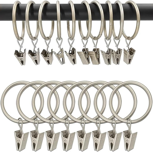100 Pack Matte Silver Curtain Rings with Clips, Curtain Hooks Hangers Clip Rings for Hanging Drapes Bows Hat, Drapery Rings 1.5 in I D, Fits up to 1.2 in Diameter Curtain Rod.