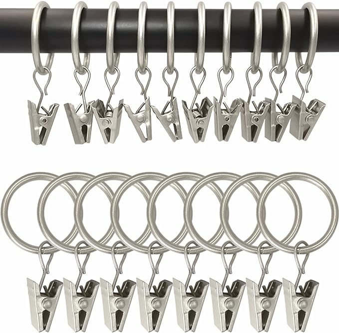 100 Pack Matte Silver Curtain Rings with Clips, Curtain Hooks Hangers Clip Rings for Hanging Drapes Bows Hat, Drapery Rings 1 in I D, Fits up to 5/8 in Diameter Curtain Rod.