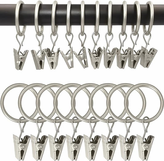 100 Pack Matte Silver Curtain Rings with Clips, Curtain Hooks Hangers Clip Rings for Hanging Drapes Bows Hat, Drapery Rings 1 in I D, Fits up to 5/8 in Diameter Curtain Rod.
