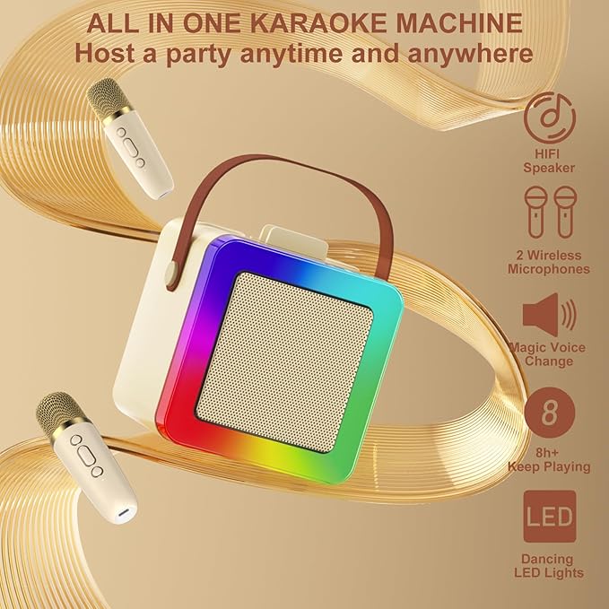 Karaoke Machine for Kids Adults, Portable Bluetooth Karaoke Speaker with 2 Wireless Microphones, Karaoke System with Mics Storage Hole and Lights, Birthday Gifts for Girls Boys Family Home Party