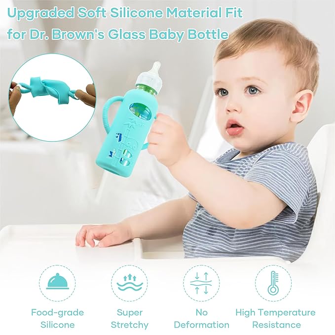 2 Pack Silicone Sleeves for Dr. Brown's Glass Baby Bottles, Anti Breakage Durable Baby Bottle Holder with Easy Grip Handles, Narrow Sleeve with a Cutout, Dishwasher/Freezer/Microwave Safe, 8 oz