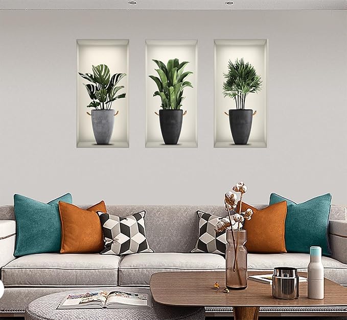 3D Green Pot Plants Wall Decals, Tropical Potted Wall Stickers, Creative Vinyl Peel and Stick Removable Wall Art Decor for Bedroom Living Room Kitchen(3D Green Plants 02)
