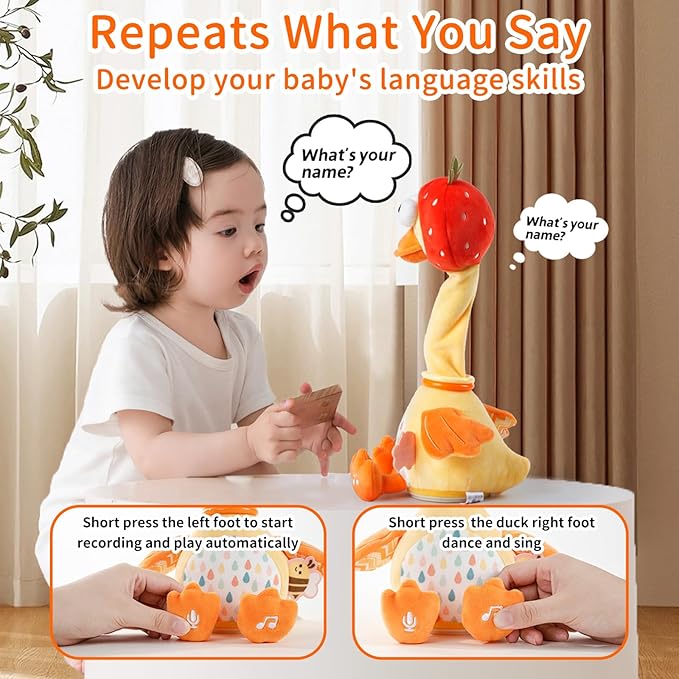 Jollybaby Plush Talking Singing Dancing Musical Strawberry Duck Toy for Toddlers 1-3 Just Like Cactus Toy, Music Mimicking Interactive Toys for Crawling Kids, Sensory Gift for Baby 0-6-12 Month