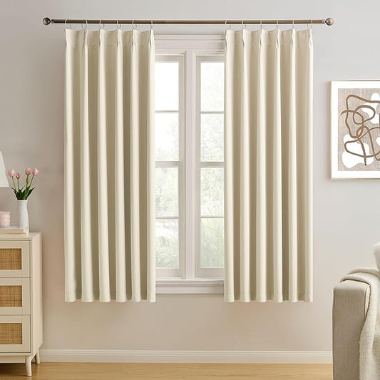 KEQIAOSUOCAI Cream Beige Curtains 63 Inches Long, Summer Heat Thermal Insulated Pinch Pleat Viral Black Out Drapes Cute Window Drapes for Bedroom(Pinch Pleated,40"x63"x2 Panels)