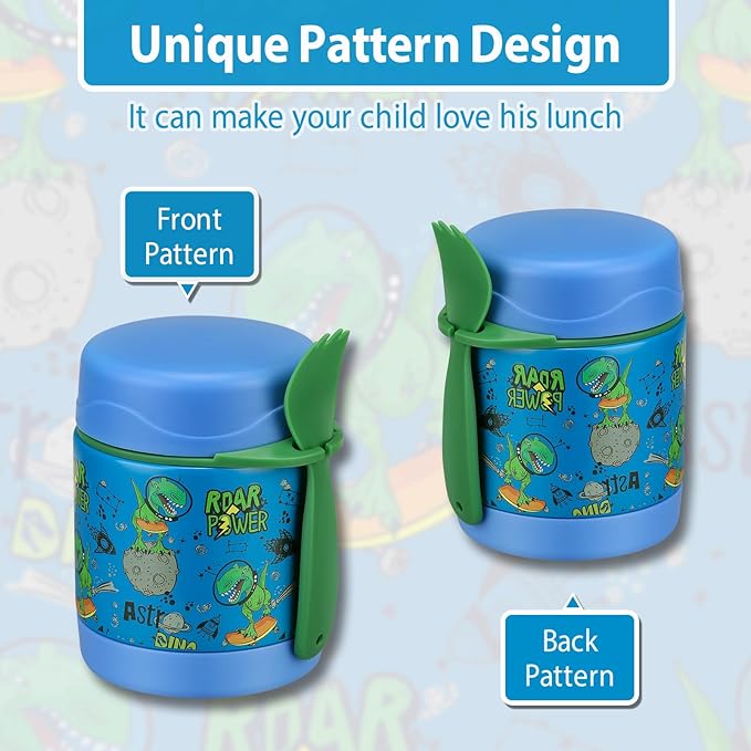 10oz Soup Thermo for Hot Food Kids,Lunch Thermo Kids Food Jar with Spoon Hot Insulated Food Containers,Leak Proof Stainless Steel Wide Mouth Lunch Food Thermo Jar for School(Blue-Dinosaur)