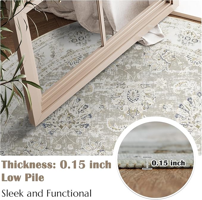 jinchan Round Rug 8ft Area Rugs - Vintage Floral Distressed Design Machine Washable Non-Slip Low-Pile Ultra-Thin Circle Rug for Living Room Dining Room Bedroom Home Office Farmhouse (8' Round,Taupe)
