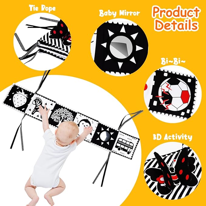 4 PCS Black and White High Contrast Baby Toys 0-3-6 Months Newborn Essential Montessori Toy for Babies Crinkle Sensory Book Brain Development Tummy Time Mirror Infant Carseat Rattle Easter Shower Gift