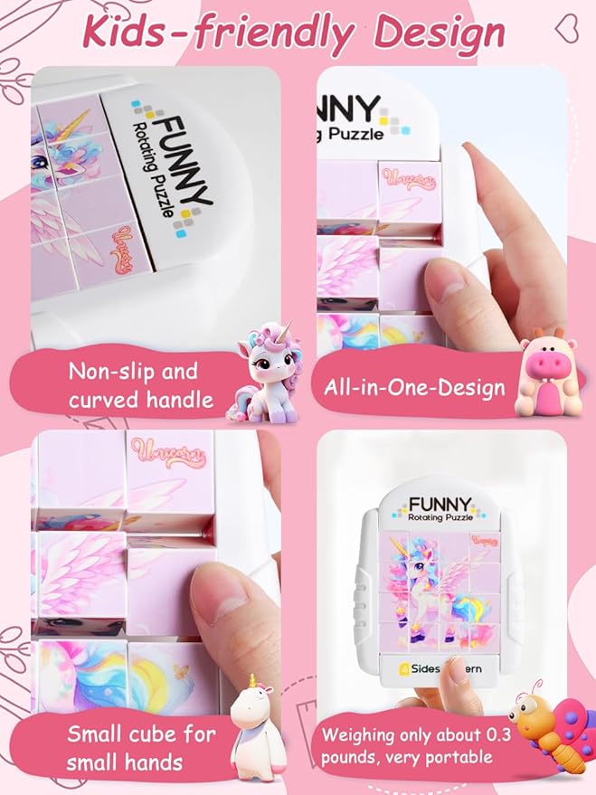 16-Piece Rotating Puzzles for Kids 4-6, Toddlers Puzzles 2-4, Road Trip, Airplane Activities Game, Travel Toys - Brain Teaser, Fine Motor Skills - Birthday Gifts Boys & Girls - Pink Alicorn