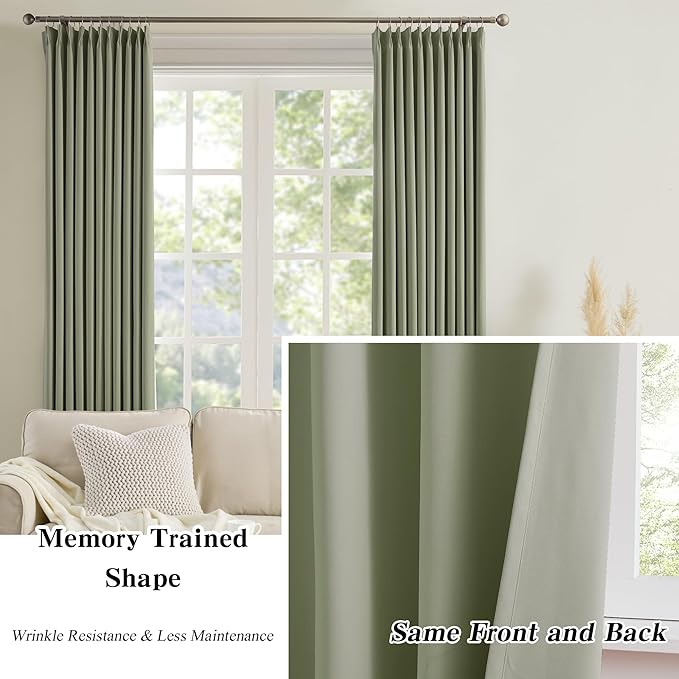 KEQIAOSUOCAI Pinch Pleated Curtains Blakcout 108 Inches Long 9 FT Length, Darkening Bedroom Curtains Thermal Insulated Window Treatment Panels Blackout Drapes for Living Room(40 x 108,Sage Green)