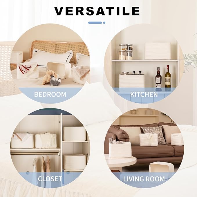 4 Pack Storage Baskets for Organizing, Woven Baskets for Shelves - Perfect for Toys, Books, Towels, and Clothes, Durable Gift Basket Bins Toy Storage, 12.7''L x9''W x7.8''H, White