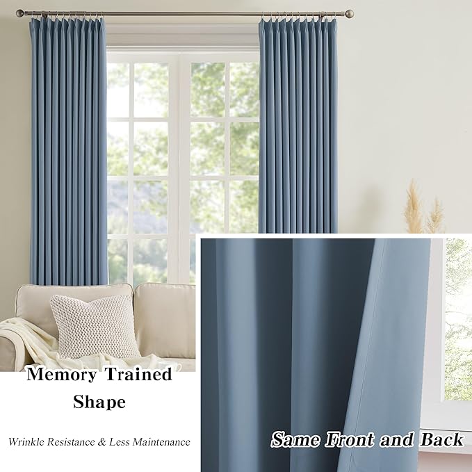 KEQIAOSUOCAI Pinch Pleated Blackout Curtain Drapes for Window 100" L - Triple Weave Energy Saving Thermal Room Divider Blackout Panels for Patio (72" Wide per Panel, 2 Panels, Dusty Blue)