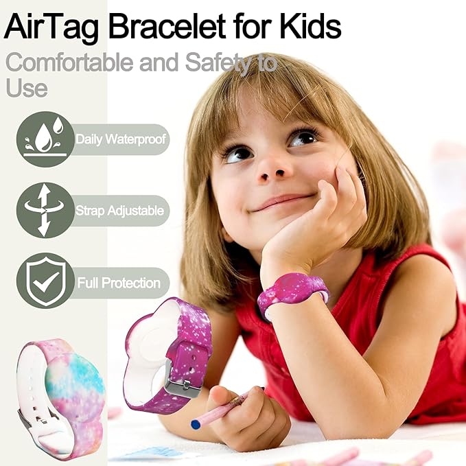 4 Pack Waterproof Bracelet for AirTag Kids, Hidden Printed Wristband for Apple Air Tag, Silicone Holder for AirTag GPS Tracker Case for Band for Child Toddler, Secure Anti-Lost Protection