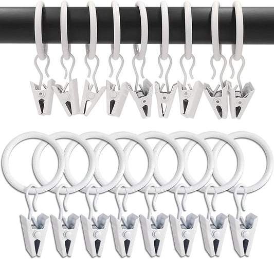 100 Pack White Curtain Rings with Clips, Curtain Hooks Hangers Clip Rings for Hanging Drapes Bows Hat, Drapery Rings 1 in I D, Fits up to 5/8 in Diameter Curtain Rod.