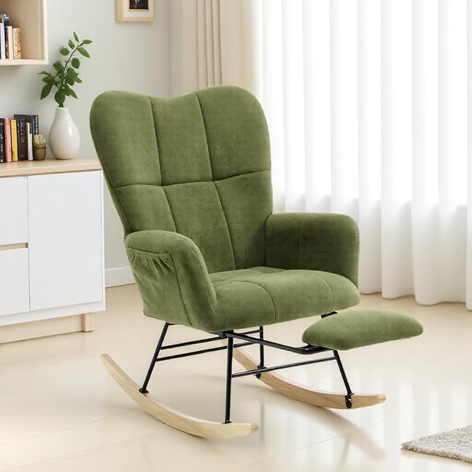 KEEZY Rocking Chair Nursery,Upholstered Glider Chair Padded Seat with High Backrest,Reading Chair,Armchair Comfy Side Chair for Living Room Bedroom Offices (Green)