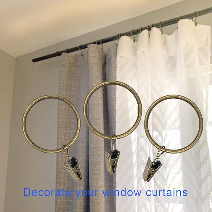 20 Pack Bronze Curtain Rings with Clips, Curtain Hooks Hangers Clip Rings for Hanging Drapes Bows Hat, Drapery Rings 1.77 in I D, Fits up to 1.5 in Diameter Curtain Rod.