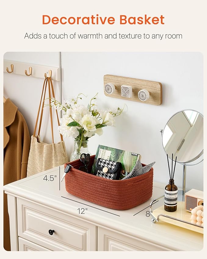 KALLAX Small Woven Basket, 12 x 8 x 4.5 Inches, Storage Basket for Organizing, Cute Small Rope Shelf Closet Cube Storage Bins Baskets for Shelves, Dog Toy Gift Baskets Empty, 3 Pack Rust Red