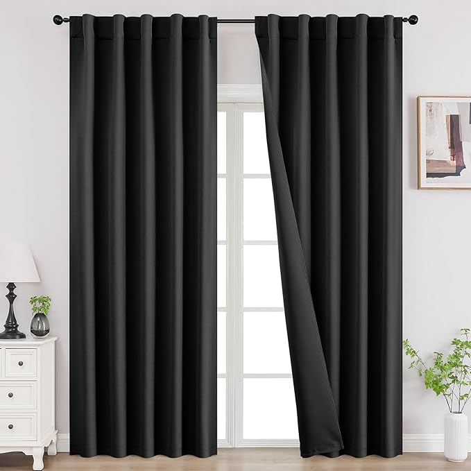 Joydeco 84 Inch Black Curtains 2 Panels Set, Blackout Curtains for Bedroom, Room Darkening Drapes for Living Room Window Rod Pocket Back Tab (W37 x L84 Inch, Black)