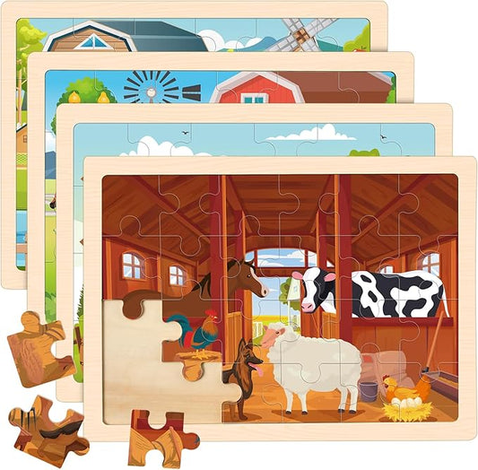4-in-1 Farm Wooden Puzzles for Kids Ages 4-6, 24 PCS Wooden Jigsaw Puzzles for Toddlers Ages 2-4, Preschool Educational Puzzles Boards Toys Gifts for 3 4 5 6 Boys Girls