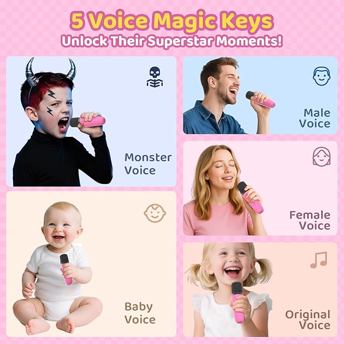 Karaoke Machine for Kids, Toys for 3-12 Years Old Girls Gifts, Kids Karaoke Microphone Machine Toy, Best Fun Christmas Birthday Gifts for 5 6 7 8 9 10 11 Years Teens Girl Boys Rose 2 Mic