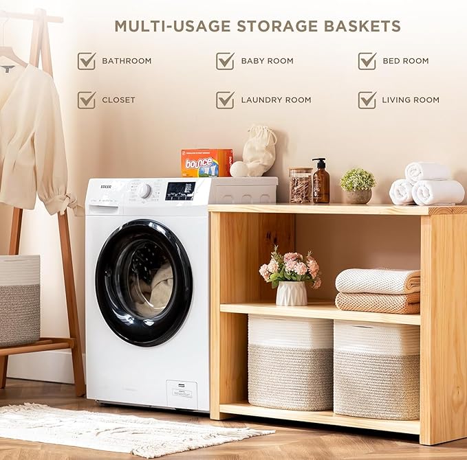 joybest Cube Storage Bins Set of 4, 13inch Cube Baskets Organizer for Nursery, Square Cotton Rope Baskets for Shelves Organizing, Kids Toy, Closet Storage, Brown and Cream White