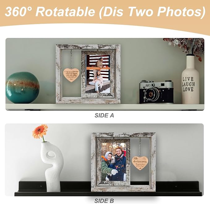 10 Year Anniversary Rotating Picture Frame for Wife, 10th Wedding Anniversary Photo Frame Gifts for Her Him Couples with 2 4x6 Display