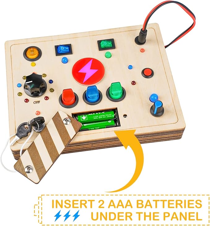 Joyreal Montessori Busy Board Wooden Sensory Toys for Toddler with LED Light Up Switch, Baby Fidget Board Travel Toys for 18+ Months, 1 2 3 Year Old Boys Girls Toddler Toy Gifts (Mixed Lights)